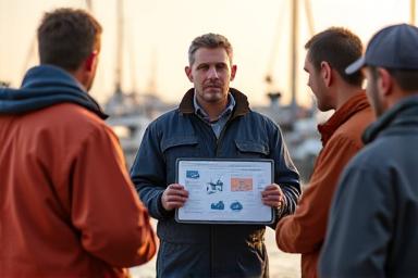 A consultant speaking with fishermen on a boat dock