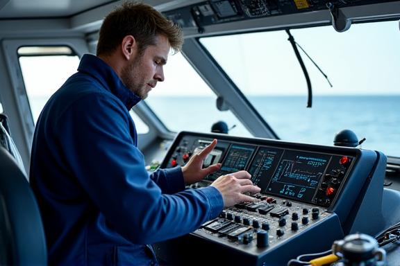 Technician installing equipment on the bridge of a fishing boat